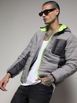 Campus Sutra - Men's Light Grey Puffer Jacket With Contrast Zipper