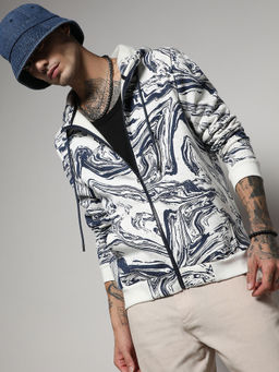 Campus Sutra - Men's White & Indigo Blue Contrast Fluid Zip Front Hoodie