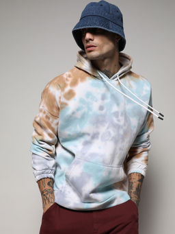 Campus Sutra - Men's Light Blue & Brown Pastel Tie Dye Hoodie With Kangaroo Pocket