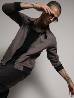 Campus Sutra - Men's Brown Zip-Front Jacket With Ribbed Hem