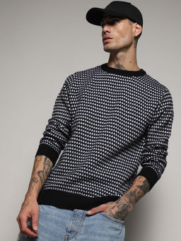 Campus Sutra - Men's Black & White Contrast Textured Knit Sweater