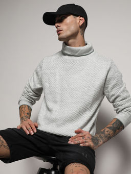 Campus Sutra - Men's Light Grey Herringbone Textured Pullover Sweater