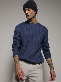 Campus Sutra - Men's Blue Textured Knit Pullover Sweater