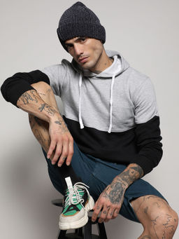 Campus Sutra - Men's Black & Grey Pullover Hoodie With Ribbed Hem