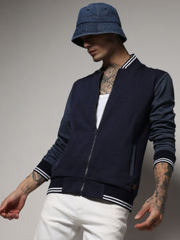 Campus Sutra - Men's Navy Blue Zip-Front Jacket With Contrast Striped Hem