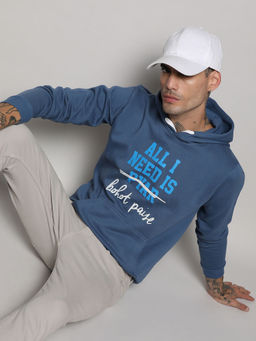 Campus Sutra - Men's Electric Blue All I Need Hoodie With Kangaroo Pocket