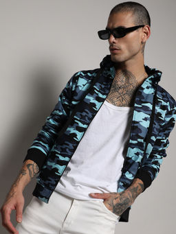 Campus Sutra - Men's Blue Camouflage Hoodie With Insert Pocket