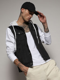 CAHOOT - Men's White & Charcoal Grey Medium-Wash Denim Jacket With Sweatshirt