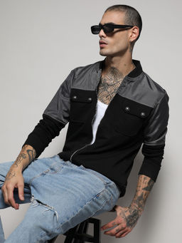Campus Sutra - Men's Black & Grey Zip-Front Jacket With Flap Pocket