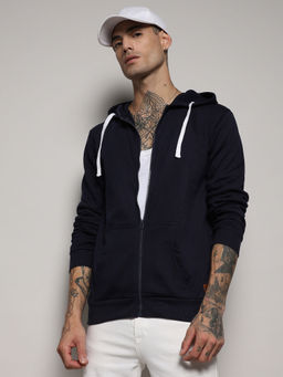 Campus Sutra - Men's Navy Blue Zip-Front Hoodie With Contrast Drawstring