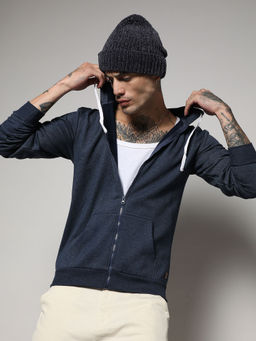 Campus Sutra - Men's Navy Blue Zip-Front Hoodie With Contrast Drawstring