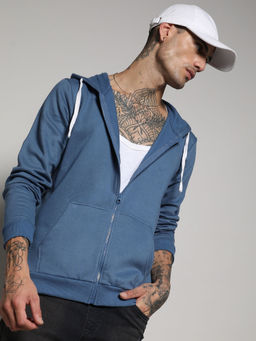 Campus Sutra - Men's Azure Blue Zip-Front Hoodie With Contrast Drawstring