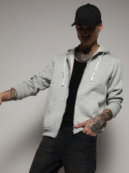 Campus Sutra - Men's Light Grey Zip-Front Hoodie With Contrast Drawstring