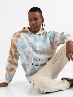 Campus Sutra - Men's Light Blue & Brown Pastel Tie Dye Hoodie With Kangaroo Pocket