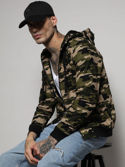 Campus Sutra - Men's Forest Green Camouflage Hoodie With Insert Pocket