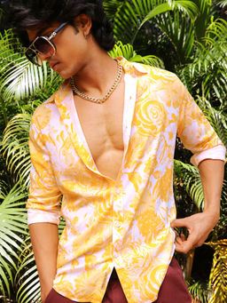 Campus Sutra - Men's EcoLiva Yellow Contrast Botanical Shirt