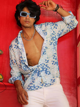 Campus Sutra - Men's EcoLiva Blue Geometric Lined Shirt