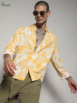 Campus Sutra - Men's EcoLiva Yellow Contrast Botanical Shirt