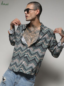 Campus Sutra - Men's EcoLiva Olive Green Abstract Zig Zag Shirt