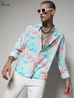 Campus Sutra - Men's EcoLiva Light Blue & Baby Pink Faded Roses Shirt