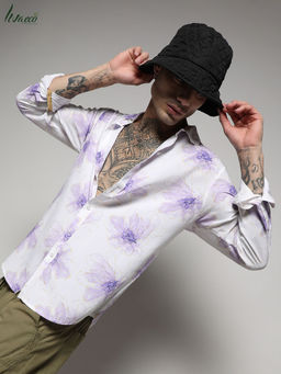 Campus Sutra - Men's EcoLiva White & Lavender Faded Floral Strokes Shirt