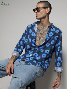 Campus Sutra - Men's EcoLiva Indigo Blue Flora Block Shirt