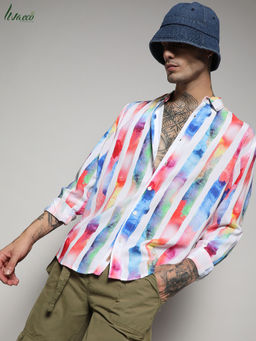 Campus Sutra - Men's EcoLiva White Tie Dye Striped Shirt