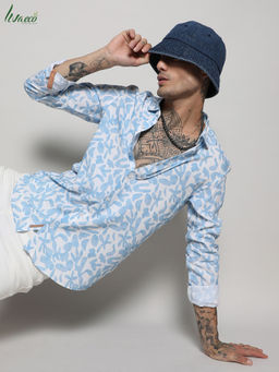 Campus Sutra - Men's EcoLiva White & Blue Water Strokes Shirt