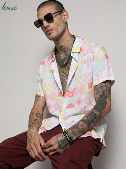 Campus Sutra - Men's EcoLiva Peach Pink Geometric Floral Block Shirt