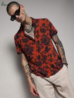 Campus Sutra - Men's EcoLiva Burnt Orange Floral Bloom Shirt