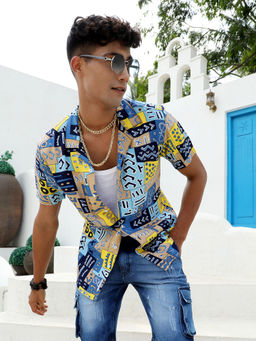 Campus Sutra - Men's Blue & Beige Aztec Print Shirt