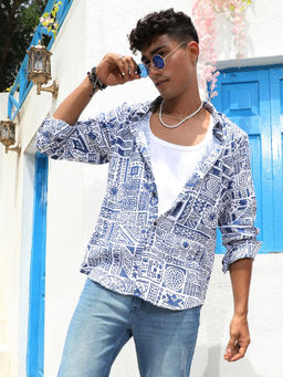 Campus Sutra - Men's Indigo Blue Contrast Aztec Shirt