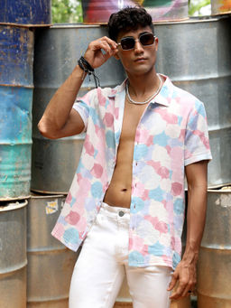 Campus Sutra - Men's Blush Pink & Light Blue Artistic Abstract Shirt