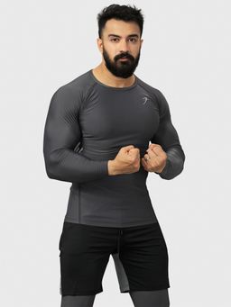 FUAARK - Mens Grey Nylon Compression Fit Full Sleeves Sports and Gym T-Shirt
