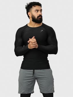 FUAARK - Mens Black Nylon Compression Fit Full Sleeves Sports and Gym T-Shirt