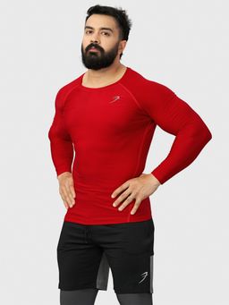 FUAARK - Mens Red Nylon Compression Fit Full Sleeves Sports and Gym T-Shirt