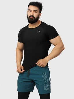 FUAARK - Mens Black Sports and Gym Nylon Compression Half Sleeve T-Shirt