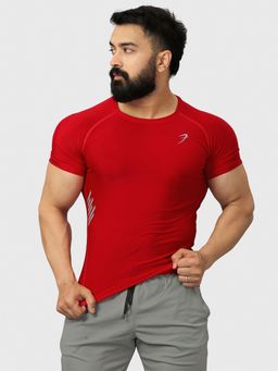 FUAARK - Mens Red Sports and Gym Nylon Compression Half Sleeve T-Shirt