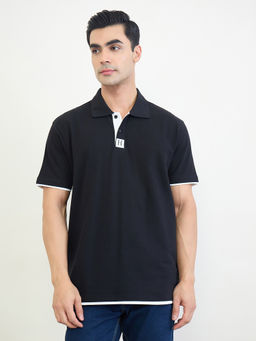 Styli - Men Black Minimal Print Relaxed Fit Polo T-Shirt