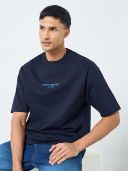 Styli - Men Navy Blue Typography Print Oversized Cotton T-Shirt