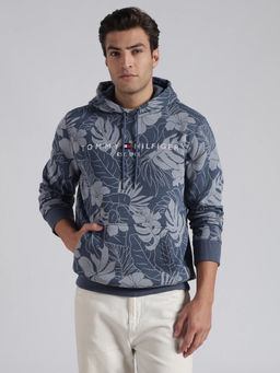 Tommy Hilfiger - Blue Printed Regular Fit Cotton Hoodie