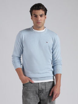 Tommy Hilfiger - Blue Solid Regular Fit Cotton Sweater