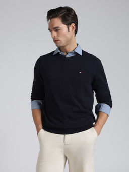 Tommy Hilfiger - Navy Blue Solid Regular Fit Cotton Sweater