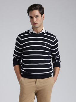 Tommy Hilfiger - Navy Blue Striped Regular Fit Cotton Sweater