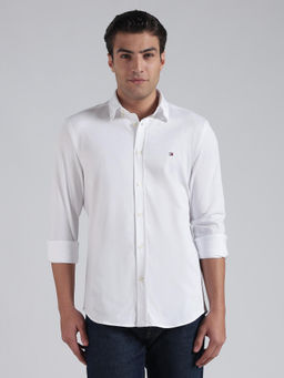 Tommy Hilfiger - White Solid Slim Fit Cotton Shirt