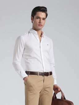 Tommy Hilfiger - White Solid Slim Fit Cotton Shirt