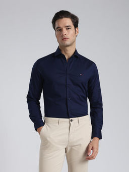Tommy Hilfiger - Navy Blue Solid Slim Fit Cotton Shirt