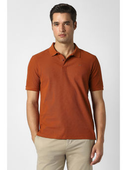 Peter England - Men Orange Textured Polo Neck T-Shirt
