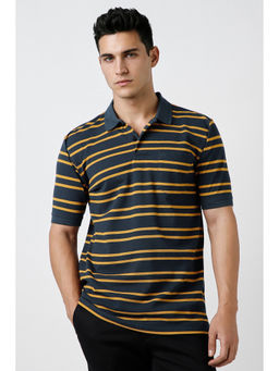 Peter England - Men Navy Stripe Polo Neck T-Shirt