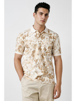 Peter England - Men Beige Print Polo Neck T-Shirt